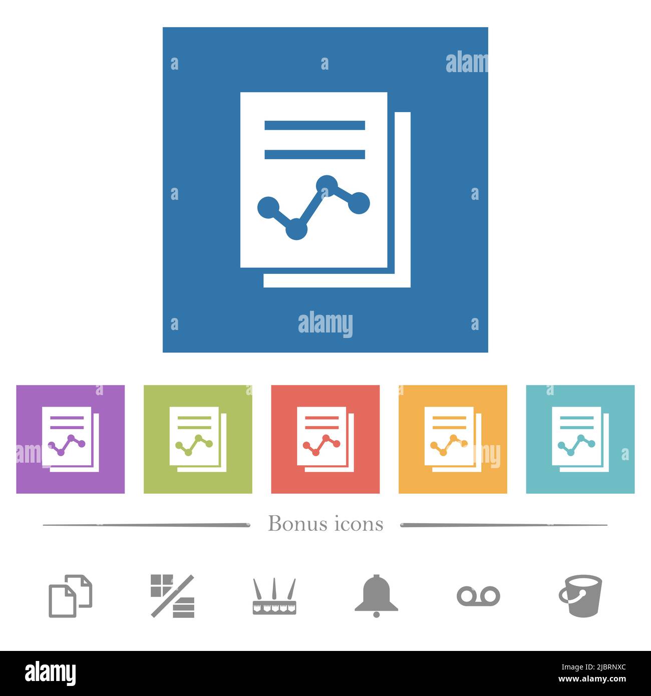 Report with graph solid flat white icons in square backgrounds. 6 bonus ...