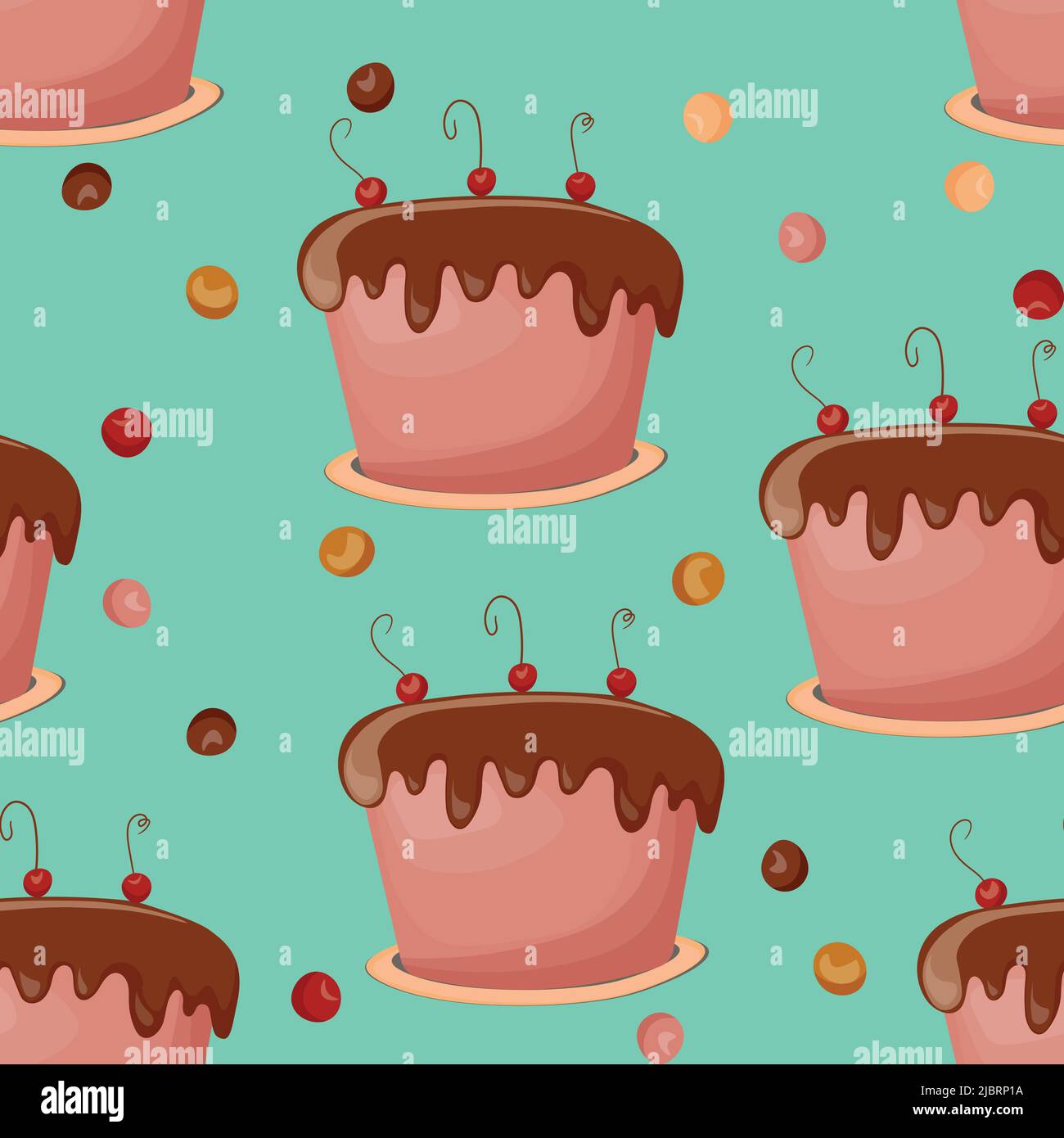 Holiday cooking seamless pattern. Cupcake, cake, sweet pastry, cupcake with colored icing and colorful details. Food concept. Realistic vector Stock Vector