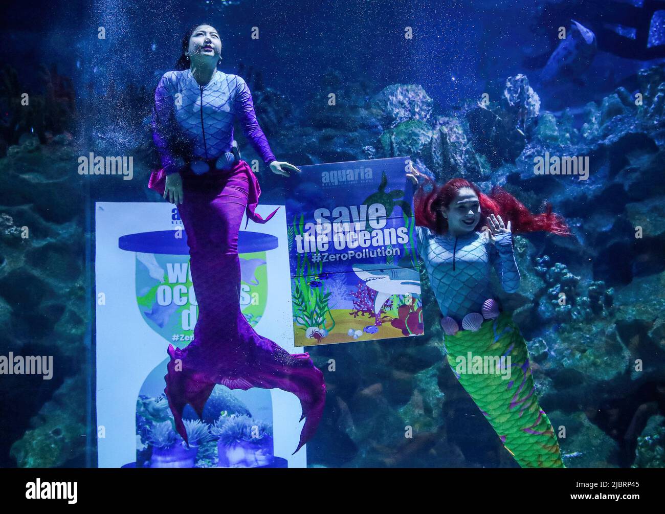 Kuala Lumpur, Malaysia. 08th June, 2022. Divers dressed as mermaids perform in the main aquarium of Aquaria KLCC in celebration of the World Ocean Day in Kuala Lumpur. Credit: SOPA Images Limited/Alamy Live News Stock Photo