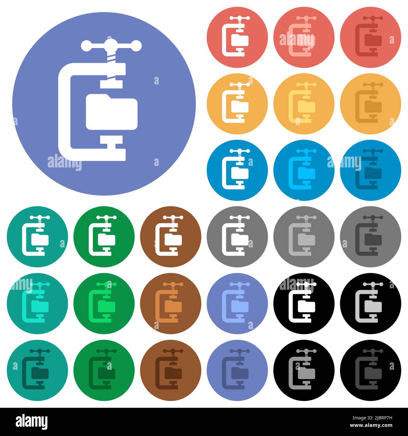 Folder compression solid multi colored flat icons on round backgrounds. Included white, light and dark icon variations for hover and active status eff Stock Vector