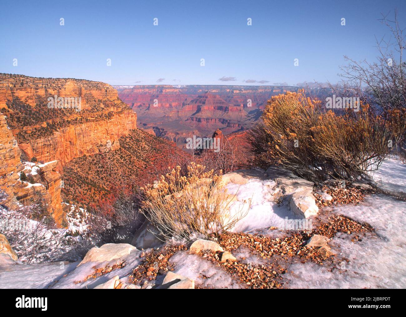 Grand Canyon National Park South Rim. Arizona, USA. Scenic landscape of canyons snow on ground. American National Parks.  World Heritage Site. Autumn Stock Photo