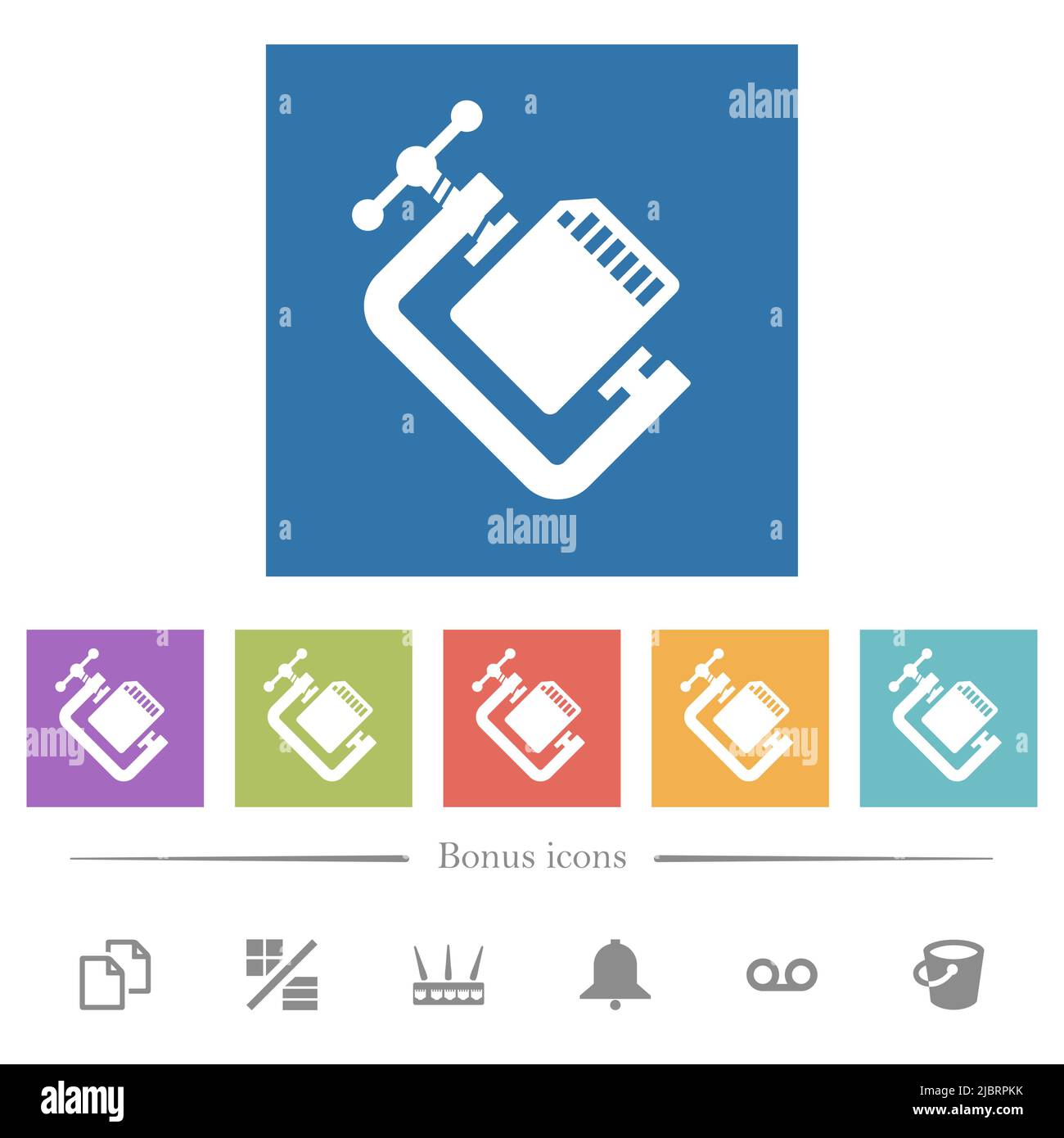 SD memory card compress solid flat white icons in square backgrounds. 6 ...