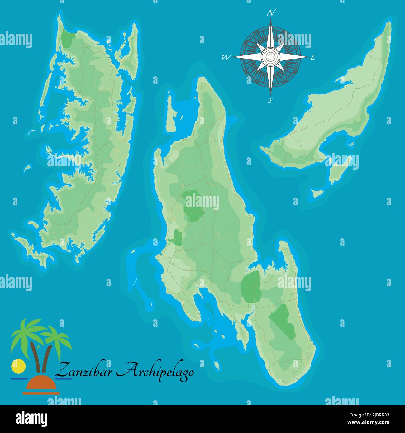 Zanzibar Archipelago. Realistic illustration of islands Unguja Island, Pemba Island, Mafia Island, semi-autonomous region of Tanzania. Road map. Stock Vector