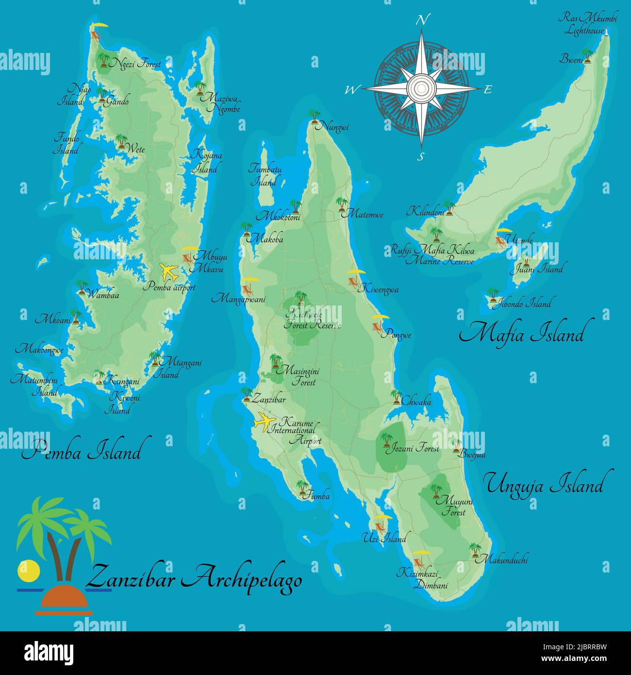 Zanzibar Archipelago. Realistic illustration of islands Unguja Island, Pemba Island, Mafia Island, semi-autonomous region of Tanzania. Tourist map. Stock Vector