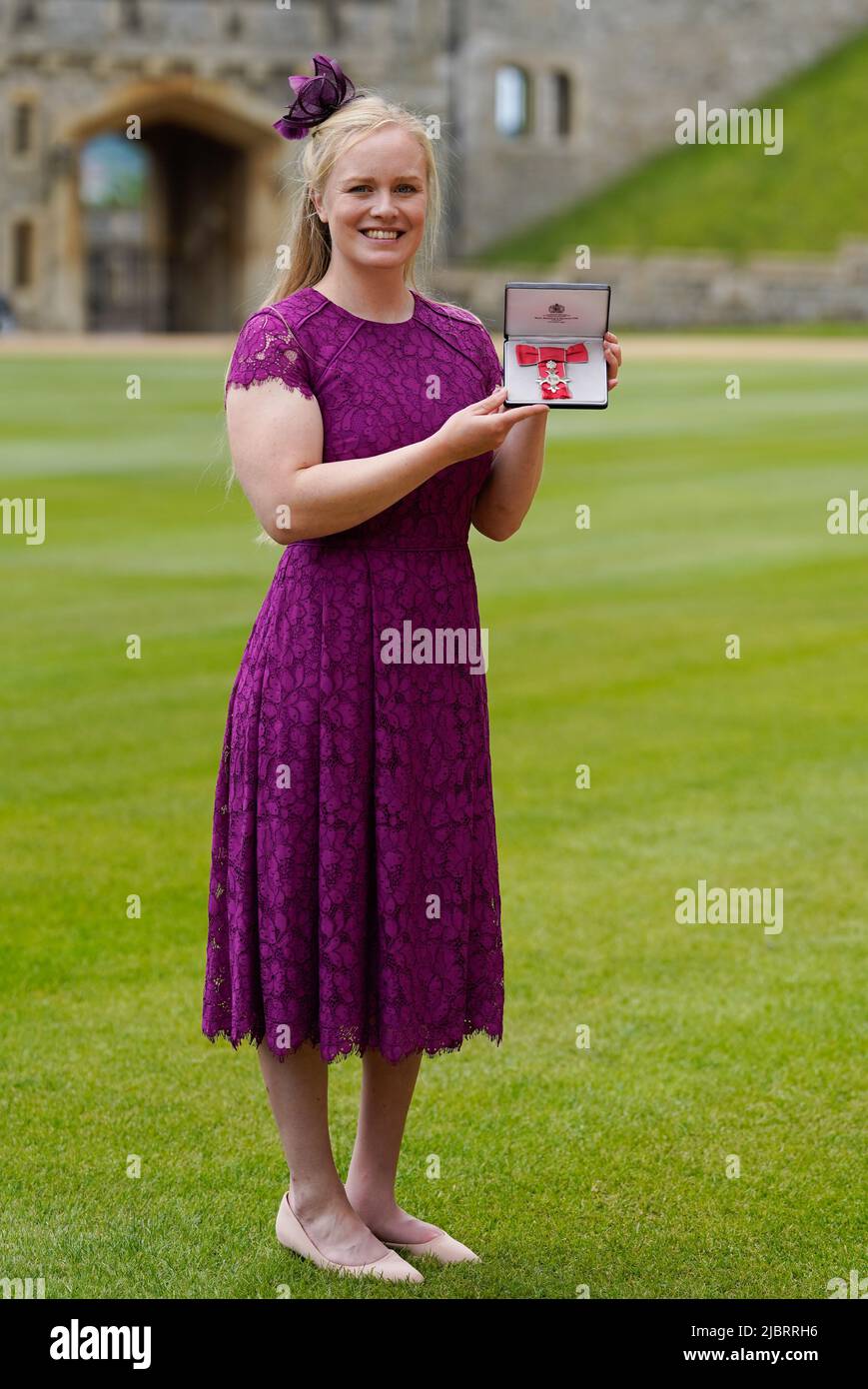 Laura Sugar with her MBE, following an investiture ceremony at Windsor Castle. Picture date: Wednesday June 8, 2022. Stock Photo