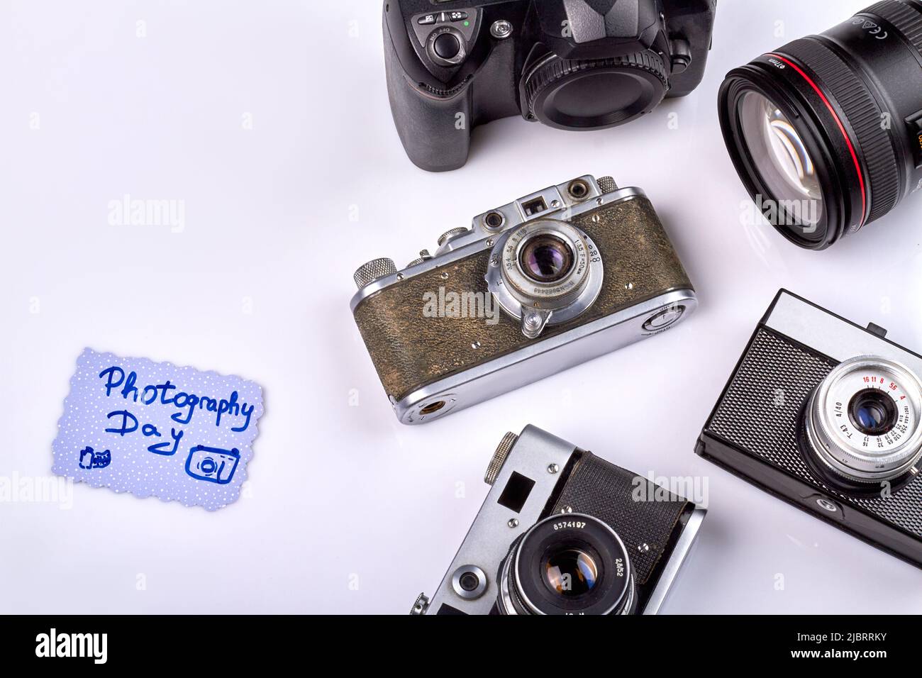 Photography day concept. Collection of retro photo cameras. Isolated on ...