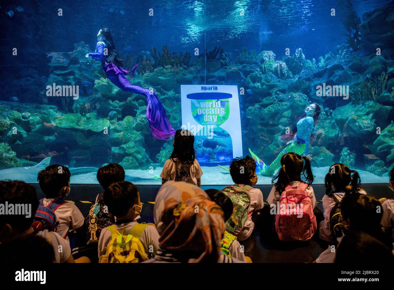 Kuala Lumpur, Malaysia. 08th June, 2022. Two performers wearing mermaid costumes are seen swimming in the main aquarium of Aquaria KLCC for a special performance on the occasion of the World Ocean Day in Kuala Lumpur. Credit: SOPA Images Limited/Alamy Live News Stock Photo