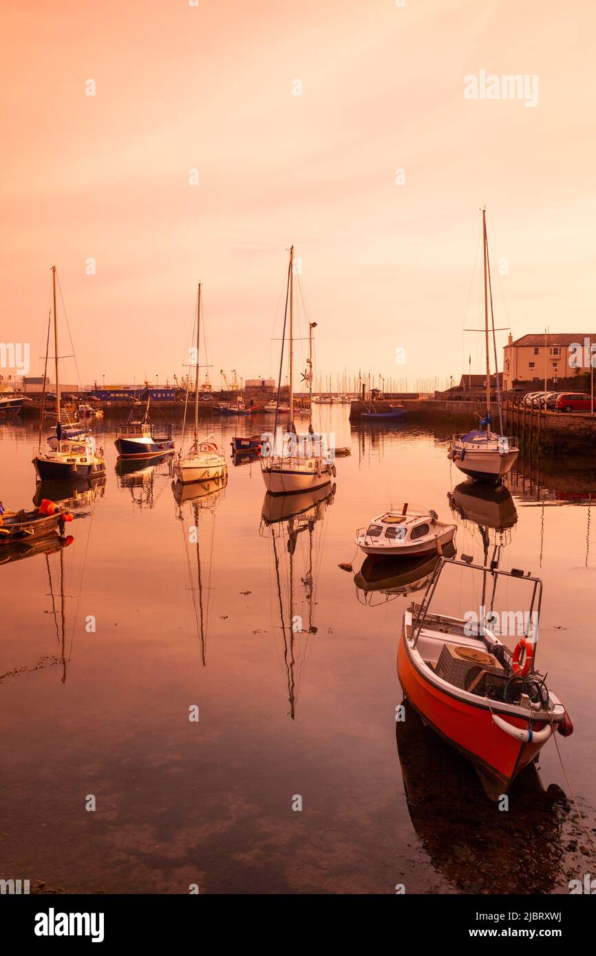 UK, England, Devon, Torbay, Brixham Harbour with moored Yachts at Dawn Stock Photo