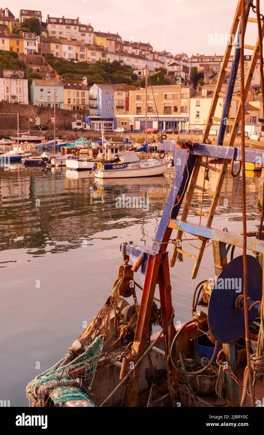 UK, England, Devon, Torbay, Brixham Harbour at Dawn with Trawler Moored near The Quay (detail) Stock Photo