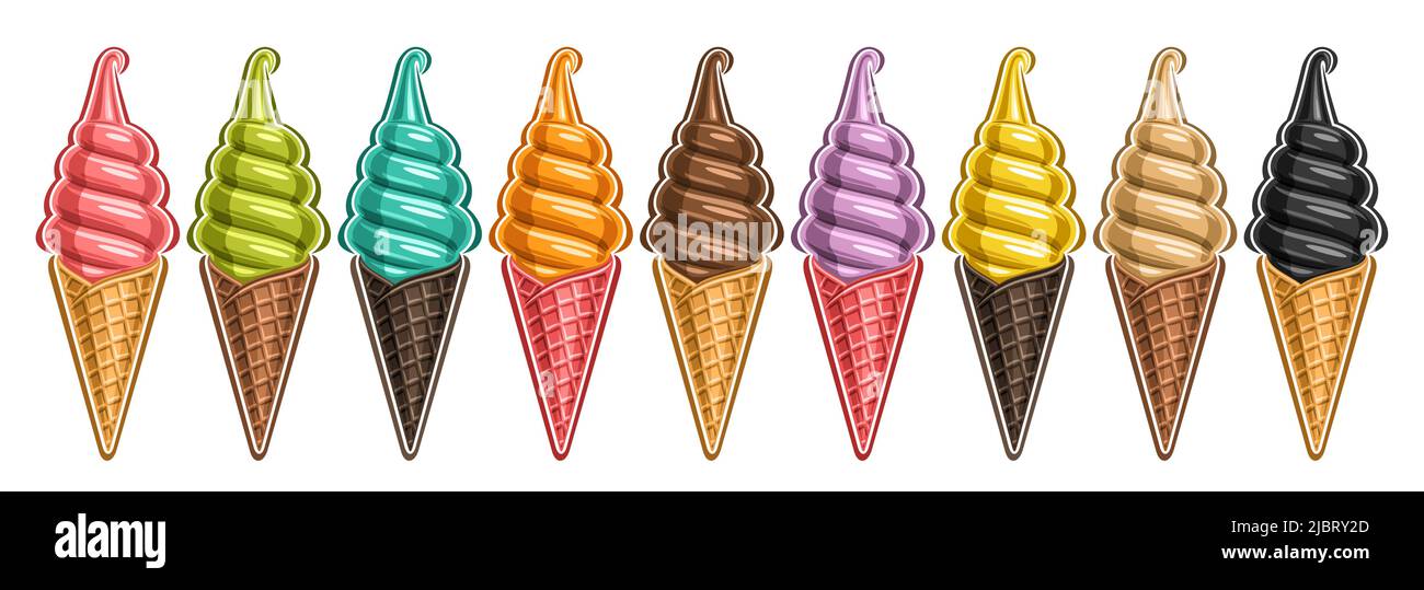 Vector Ice Cream Set, lot collection of 9 cut out different illustrations of realistic refreshing ice creams, horizontal banner with colorful icecream Stock Vector