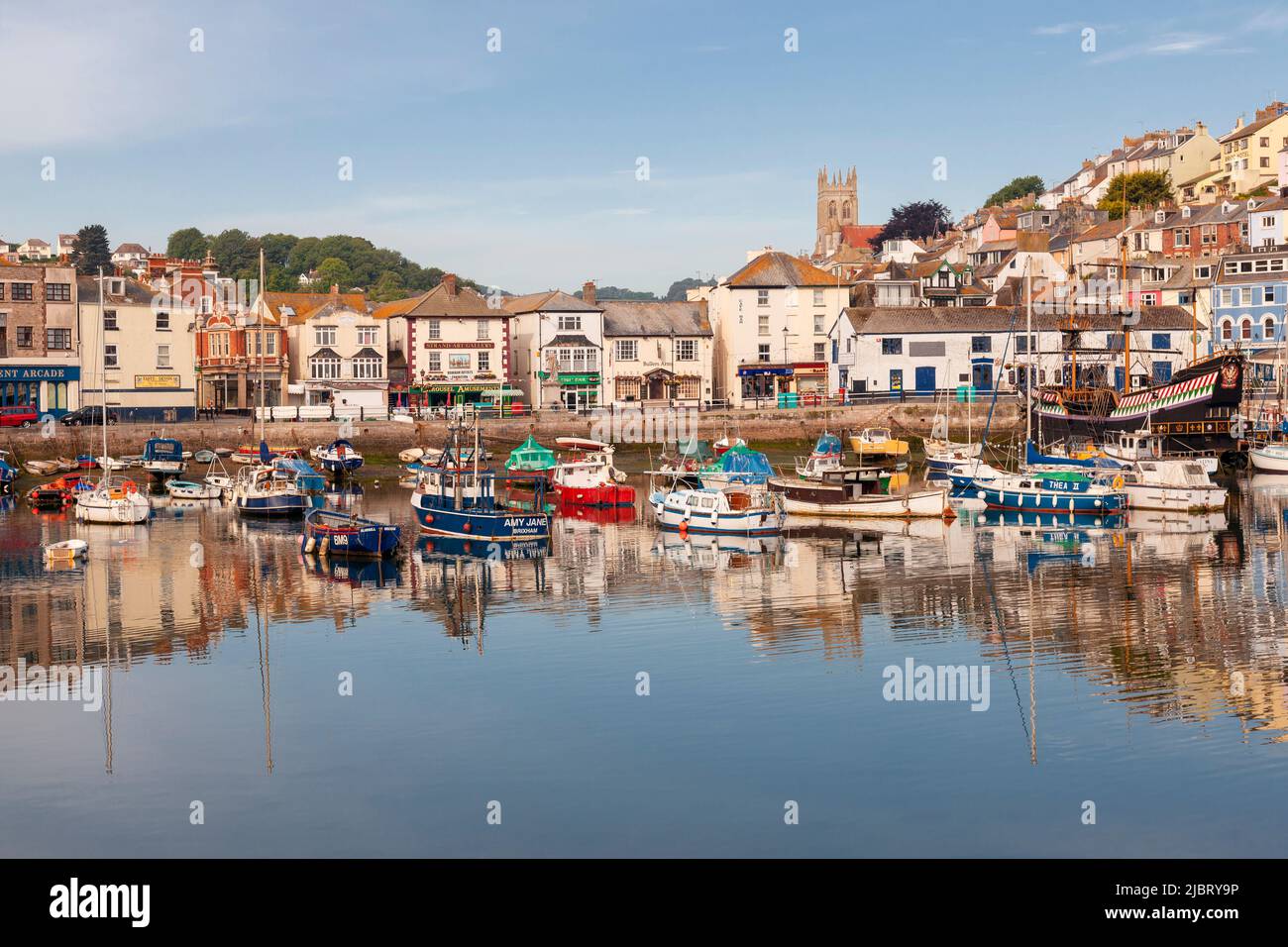 UK, England, Devon, Torbay, Brixham Harbour with The Strand and the Golden Hind Stock Photo
