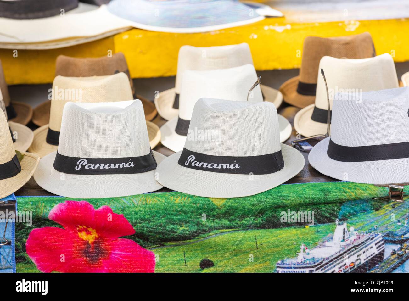 Panama, Panama City, hats on the stall of a souvenir shop at the