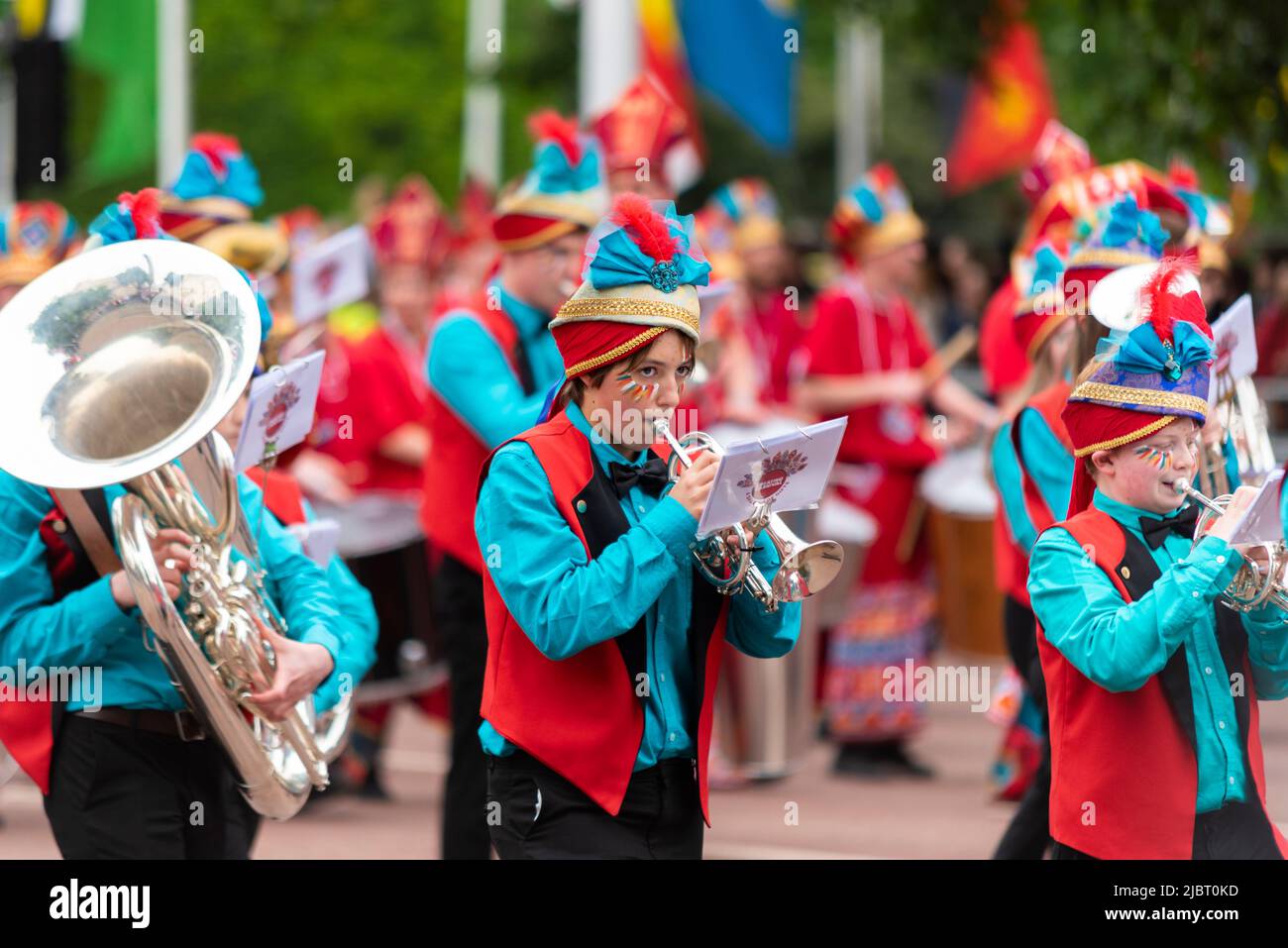 Creating Carnival - A Sharing of Gifts - Global Grooves marching band at the Queen's Platinum Jubilee Pageant parade in The Mall, London, UK. Stock Photo