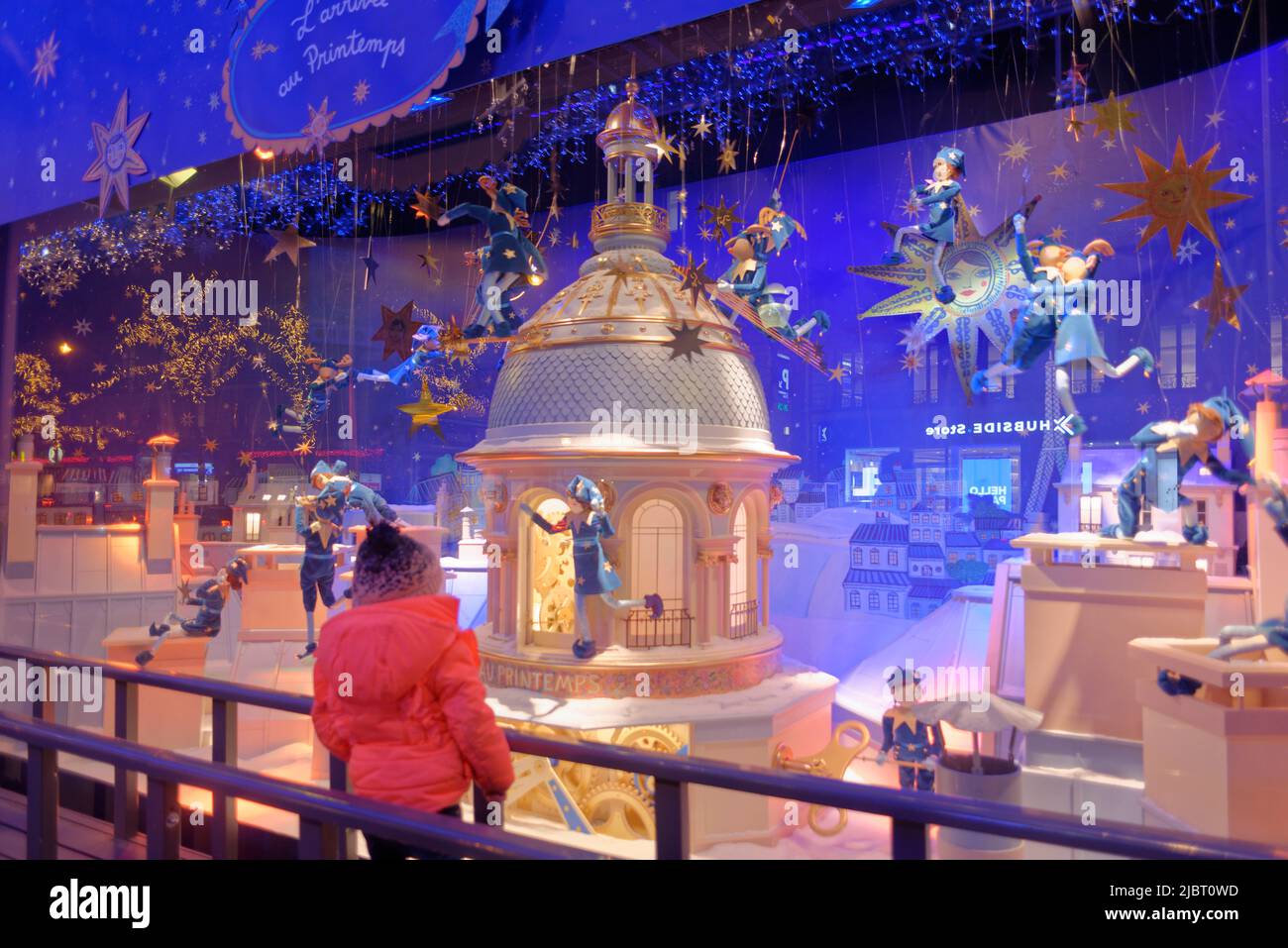 France, Paris, Boulevard Haussmann and the shop windows of the Printemps department store during the Christmas holidays Stock Photo