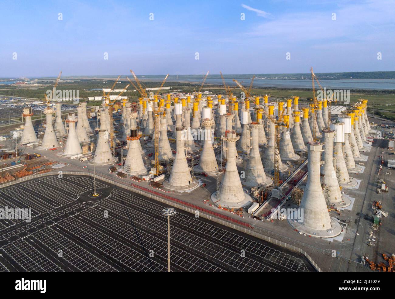 France, Seine Maritime, Le Havre, the harbour, construction of the gravity foundations of the future offshore wind farm at Fécamp Stock Photo