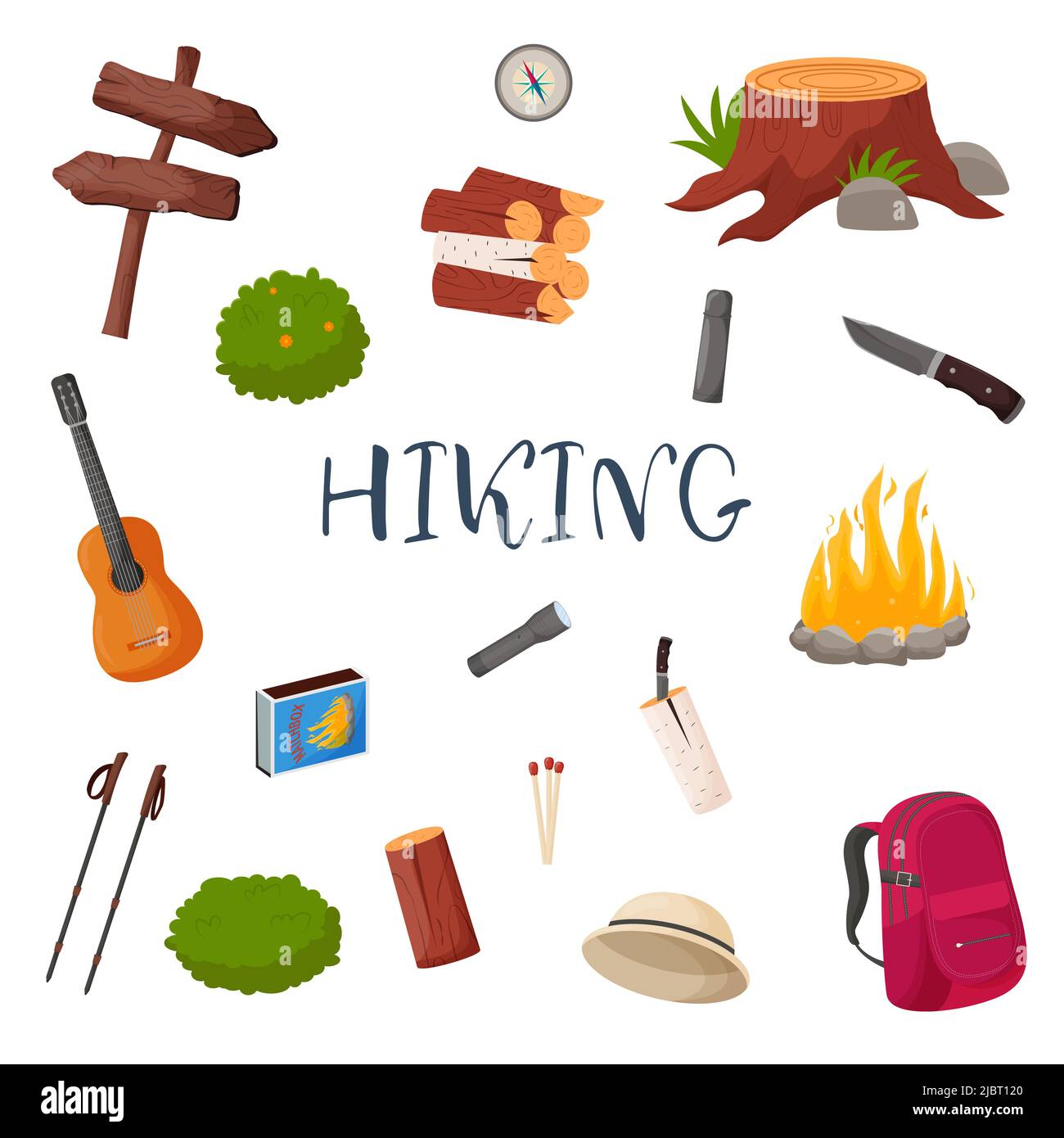 Camping and hiking set. Summer camp travel tools collection for