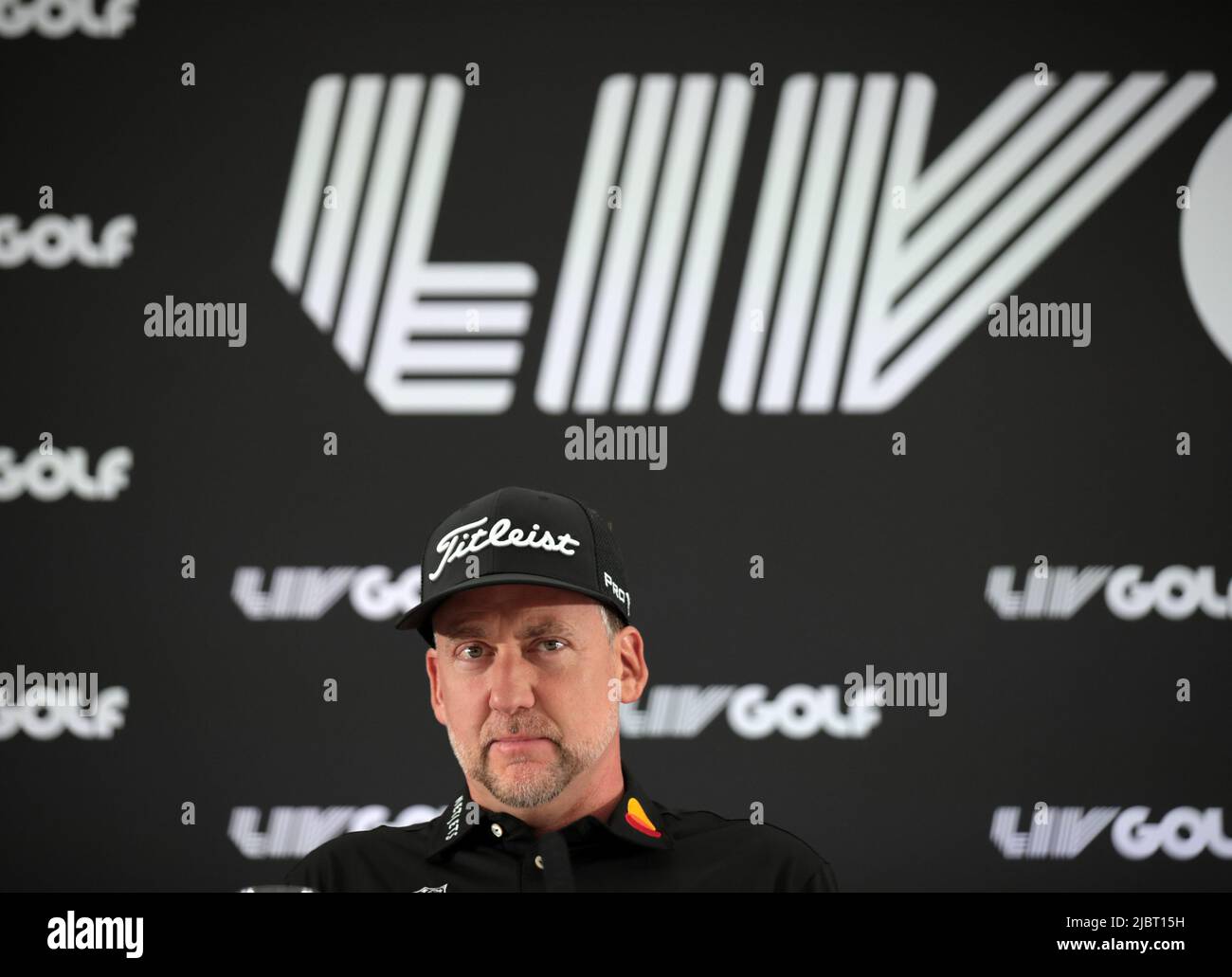 London, UK. 08th June, 2022. England's Ian Poulter answers questions from the media at a press conference for the inaugural LIV Golf event at the Centurion club in Hertfordshire on Wednesday, June 08, 2022.The event is controversial due to golfer's such as Dustin Johnson leaving the PGA tour to take part and because it is funded by Saudi Arabian money. Photo by Hugo Philpott/UPI Credit: UPI/Alamy Live News Stock Photo