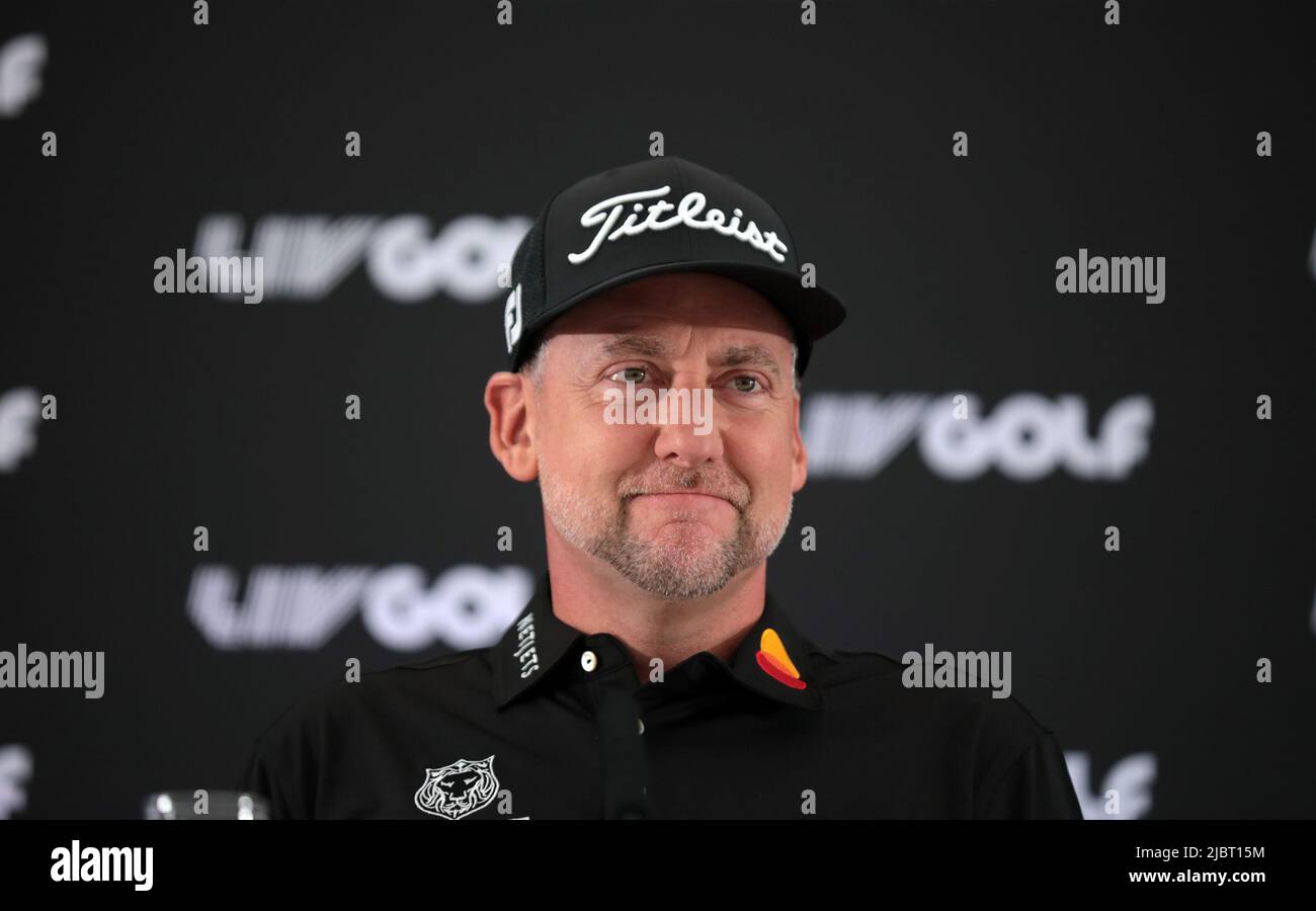 London, UK. 08th June, 2022. England's Ian Poulter answers questions from the media at a press conference for the inaugural LIV Golf event at the Centurion club in Hertfordshire on Wednesday, June 08, 2022.The event is controversial due to golfer's such as Dustin Johnson leaving the PGA tour to take part and because it is funded by Saudi Arabian money. Photo by Hugo Philpott/UPI Credit: UPI/Alamy Live News Stock Photo