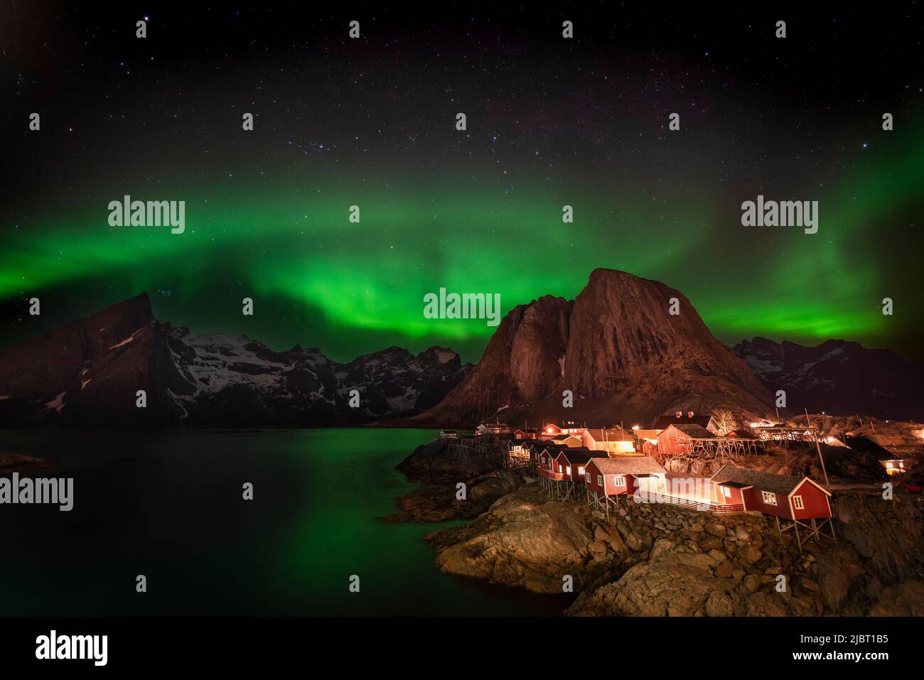 Norway, Nordland County, Lofoten Islands, Hamnoy, Northern Lights Stock Photo