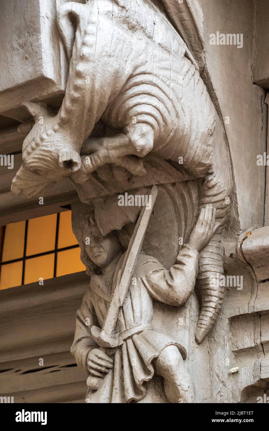 France, Maine et Loire, Loire valley listed as World Heritage by UNESCO, Angers, Sainte Croix square, the house of Adam also called house of Adam and Eve or house of the tree of life built in the 15th century, Saint Michael slaying the dragon Stock Photo