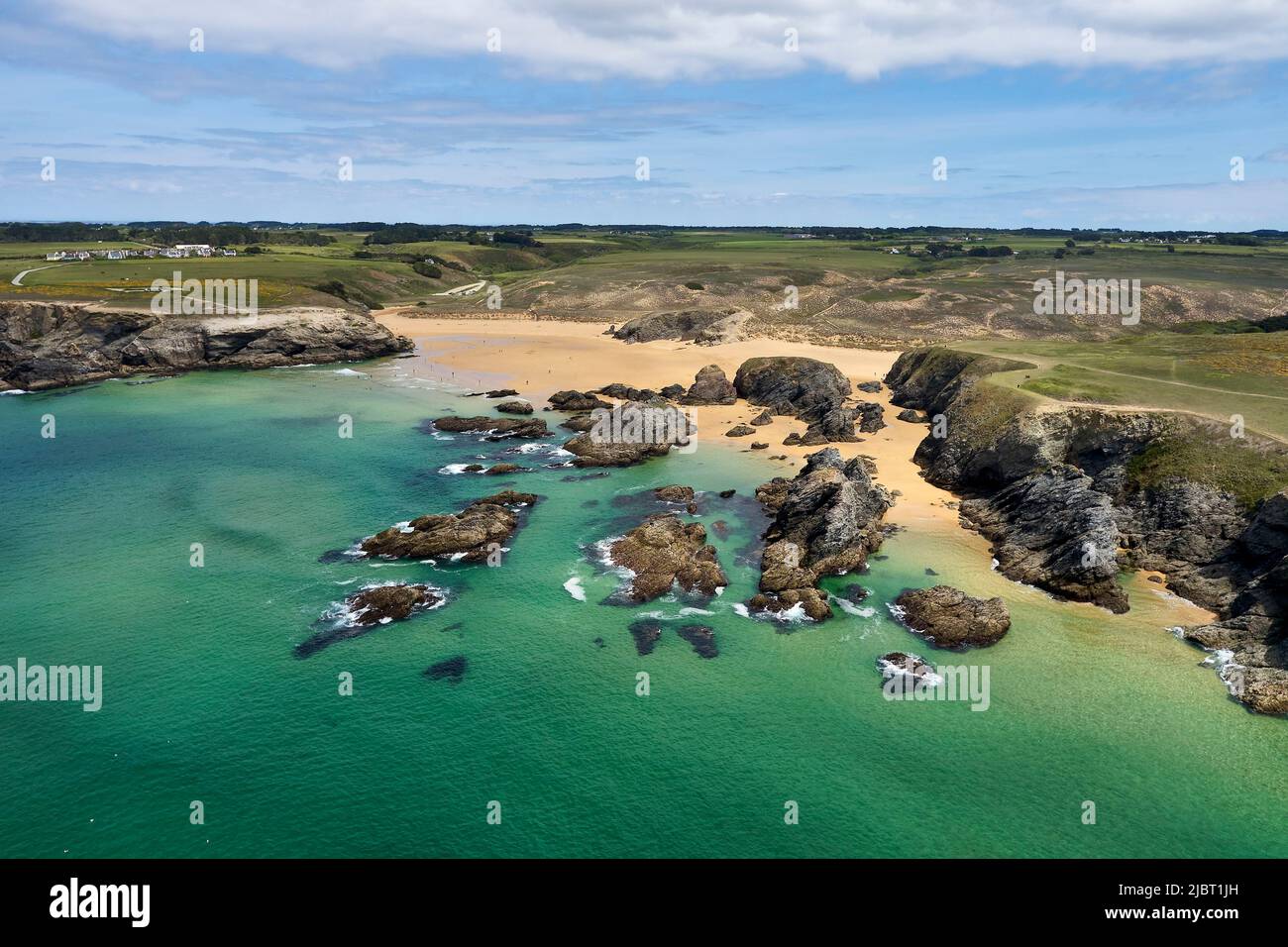 France, Morbihan, Belle Ile en mer, Bangor, Donnant beach at low tide (aerial view) Stock Photo