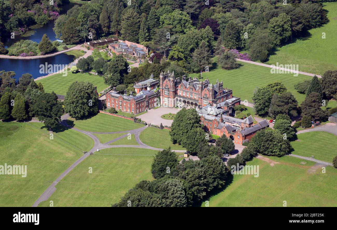 Aerial view of Capesthorne Hall & Holy Trinity Chapel at Capesthorne, Cheshire. A wedding venue & visitor attraction. Stock Photo