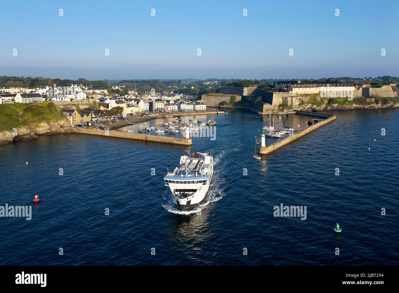 France, Morbihan, Belle Ile en mer, Le Palais, the ferry leaves the port, Vauban Citadel (aerial view) Stock Photo