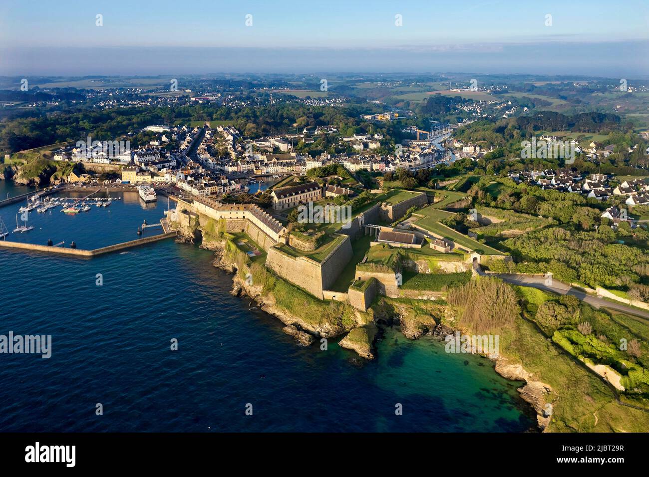 France, Morbihan, Belle Ile en mer, Le Palais, harbour and Vauban citadel (aerial view) Stock Photo