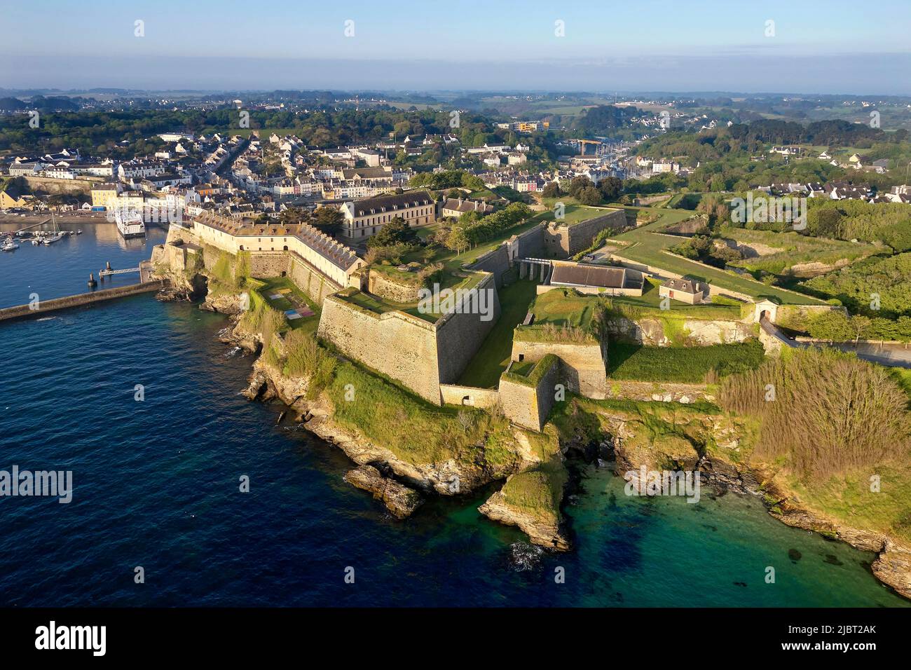 France, Morbihan, Belle Ile en mer, Le Palais, harbour and Vauban citadel (aerial view) Stock Photo
