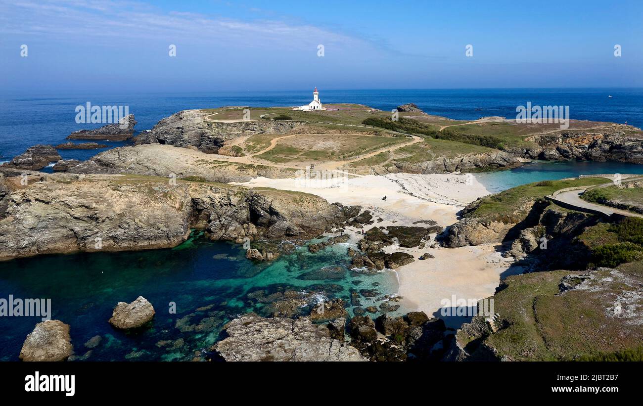 France, Morbihan, Belle Ile en mer, Sauzon, The Pointe des Poulains, the lighthouse (aerial view) Stock Photo