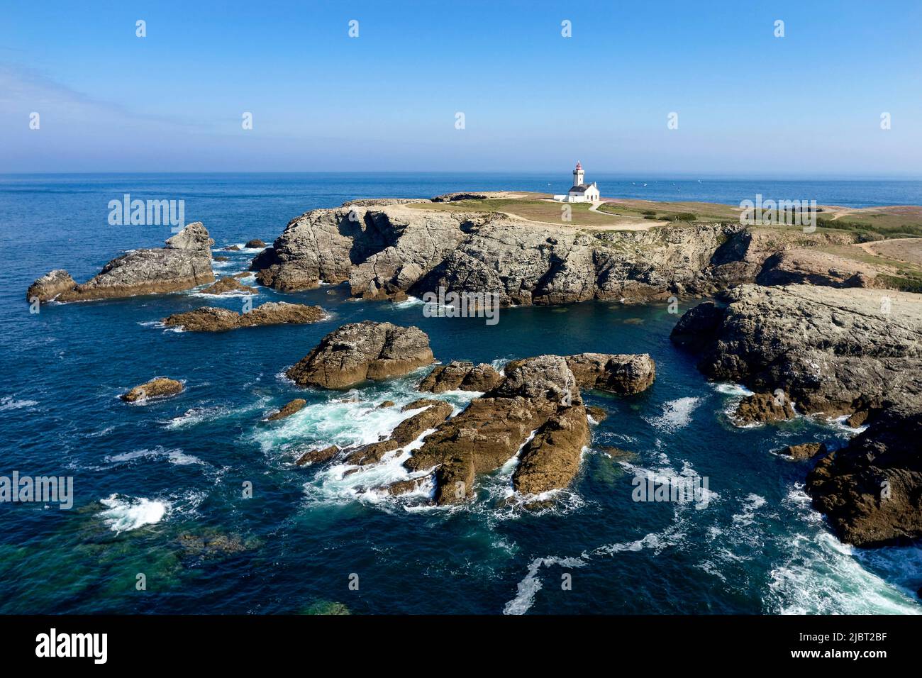 France, Morbihan, Belle Ile en mer, Sauzon, The Pointe des Poulains, the lighthouse (aerial view) Stock Photo