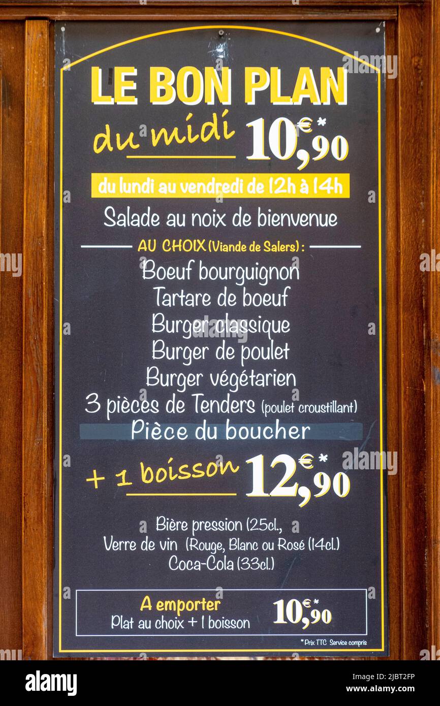 France, Paris, passage des Panoramas, menu of the restaurant Le Bar des Variétés Stock Photo