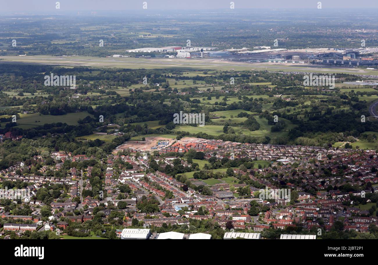 aerial view ooking north west from over Handforth to Manchester Airport Stock Photo