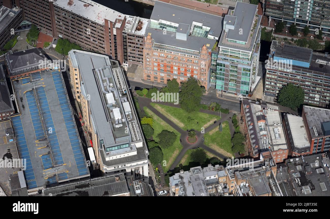aerial view of Parsonage Gardens, a park and garden in Manchester city centre Stock Photo