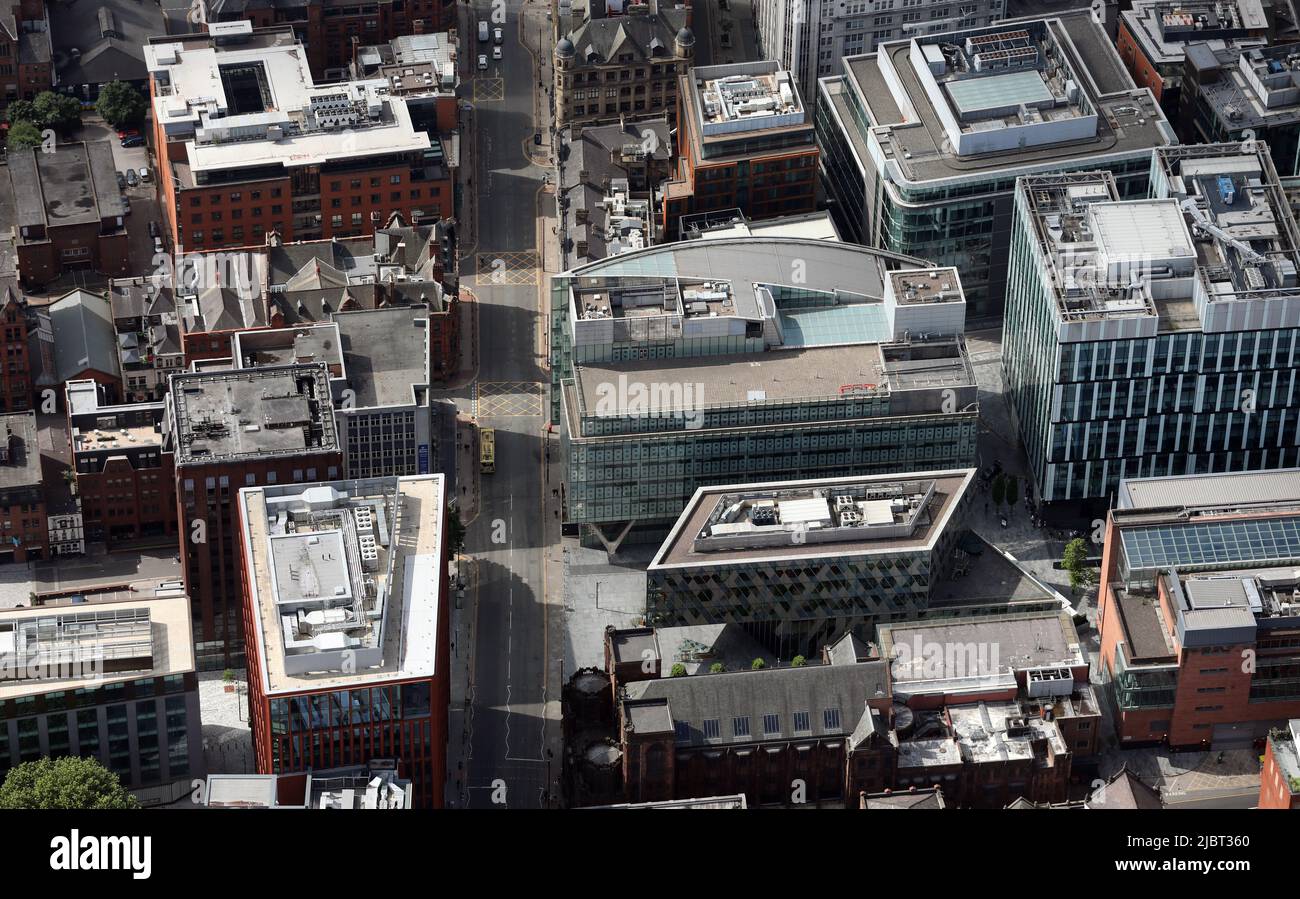 aerial view of the area around Bridge Street, Deansgate, Wood Street & Hardman Street, Manchester city centre Stock Photo