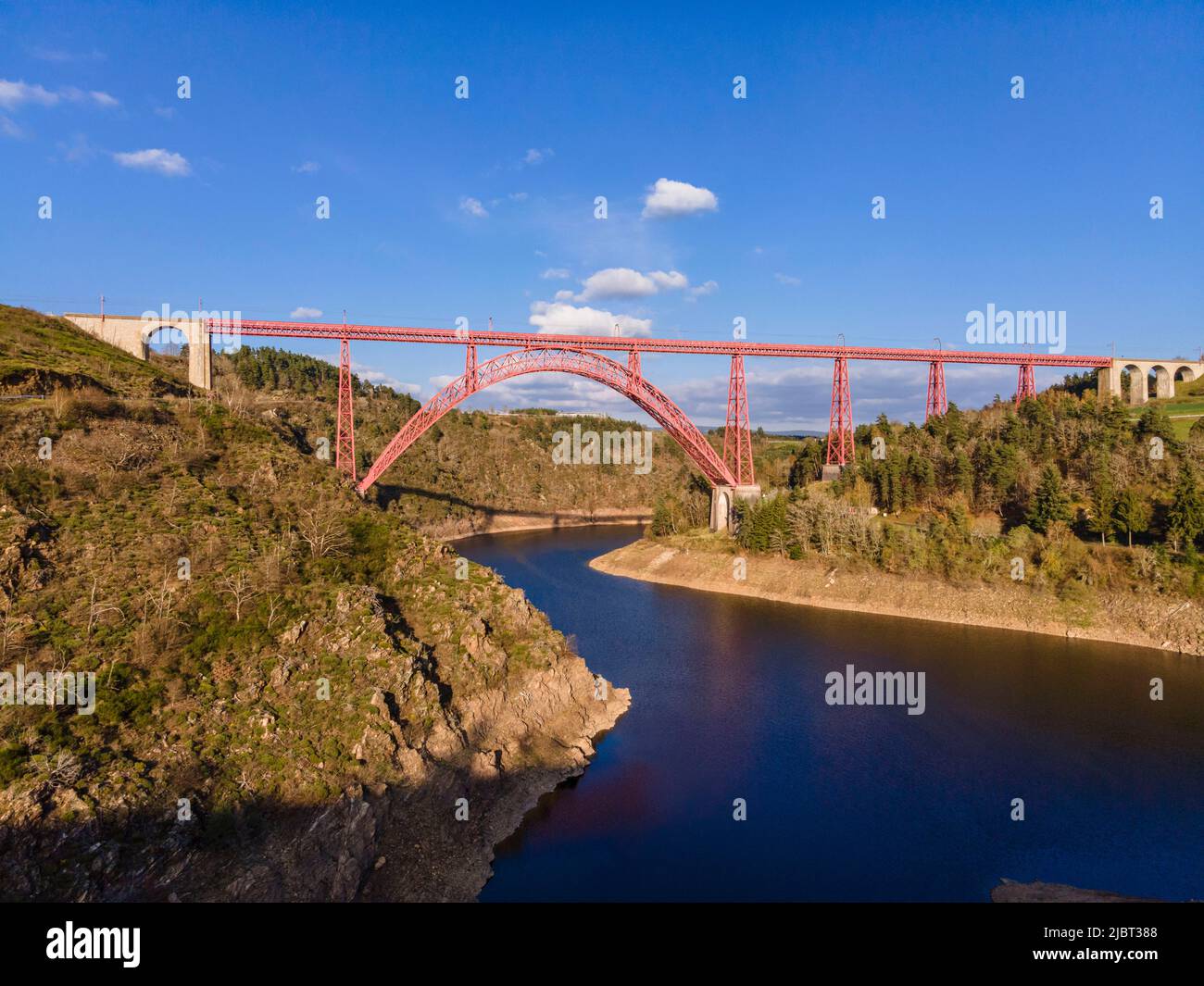 France, Cantal, Ruynes en Margeride, the Truyere river canyon and Garabit viaduct built by Gustave Eiffel (aerial view) Stock Photo