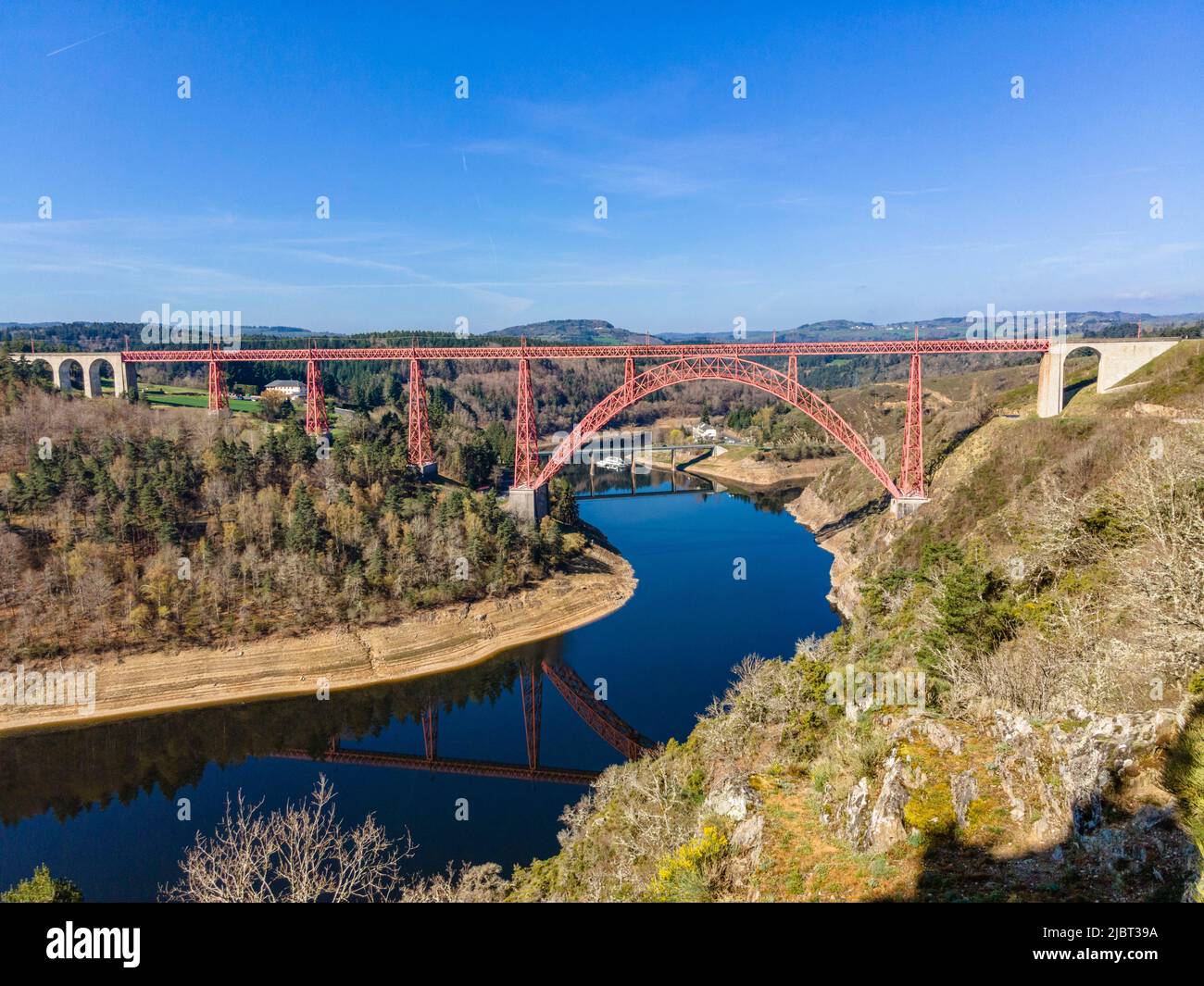 France, Cantal, Ruynes en Margeride, the Truyere river canyon and Garabit viaduct built by Gustave Eiffel (aerial view) Stock Photo