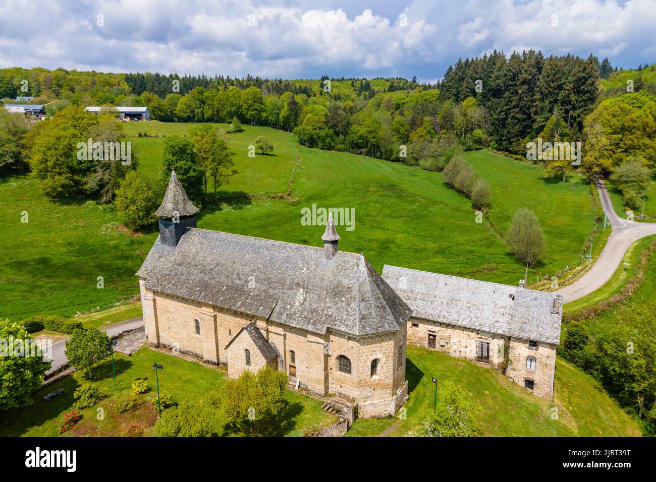 France, Correze, Serandon, Sainte Radegonde church (aerial view) Stock Photo