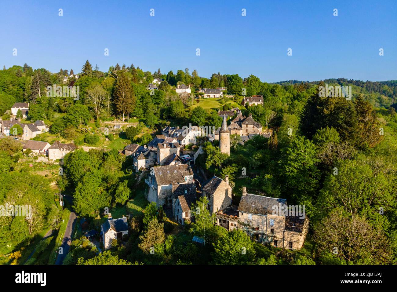France, Correze, La Roche Canillac, the Roche-Basse district (aerial view) Stock Photo