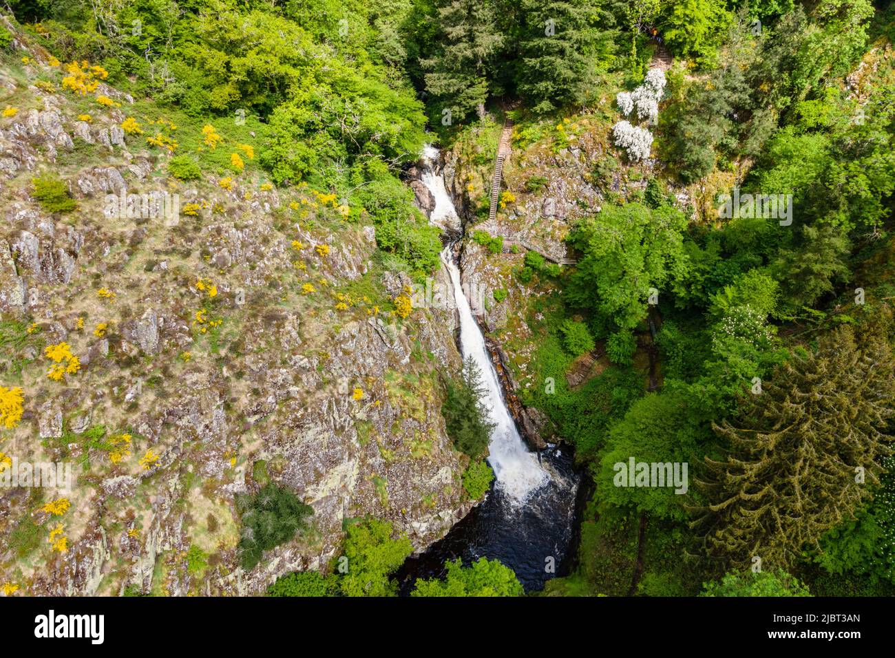 France, Correze, waterfall in the gorges of La Montane (aerial view) Stock Photo
