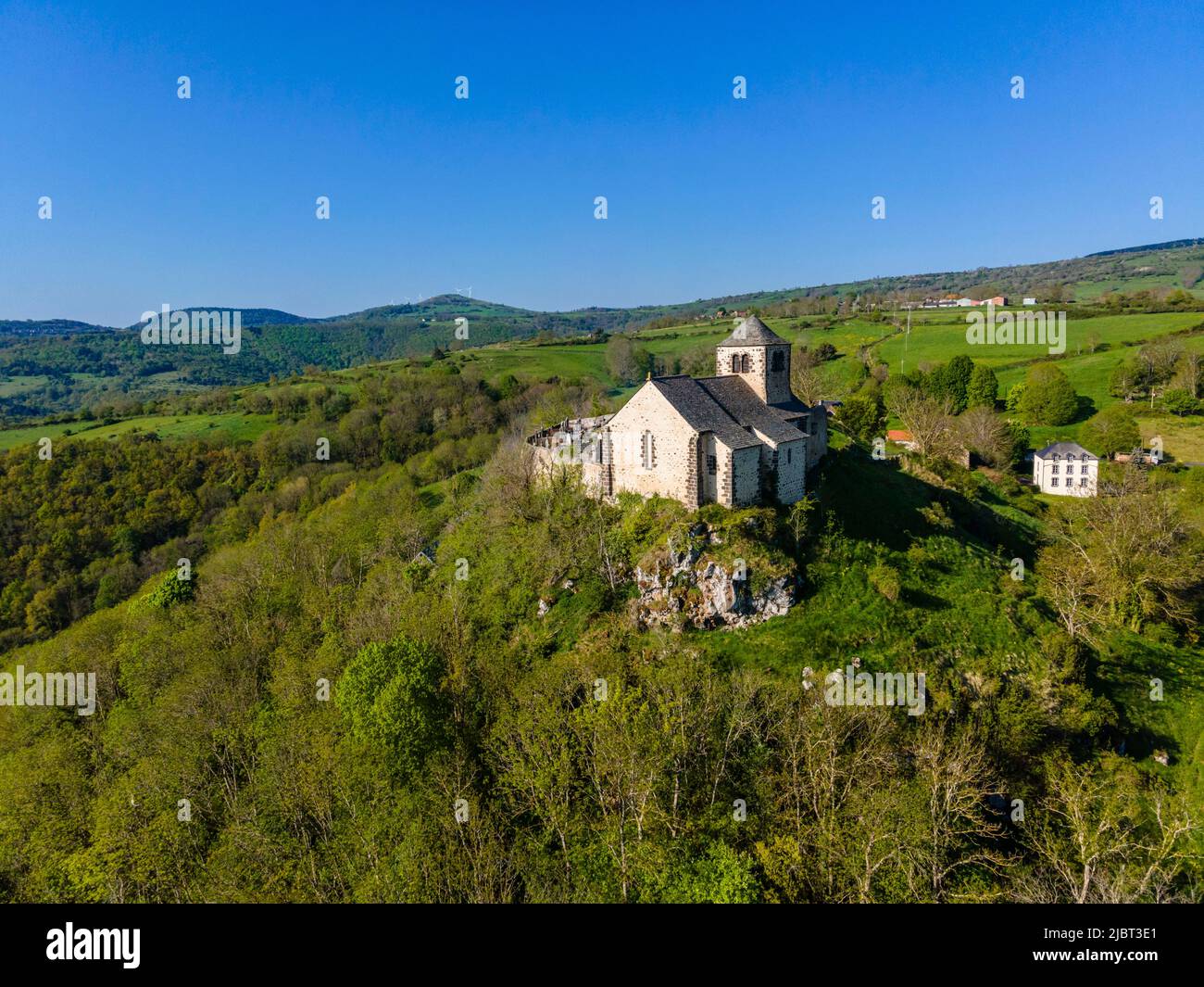 France, Puy de Dome, romanesque church of Dauzat sur Vodable, Lembronnais, near Issoire (aerial view) Stock Photo