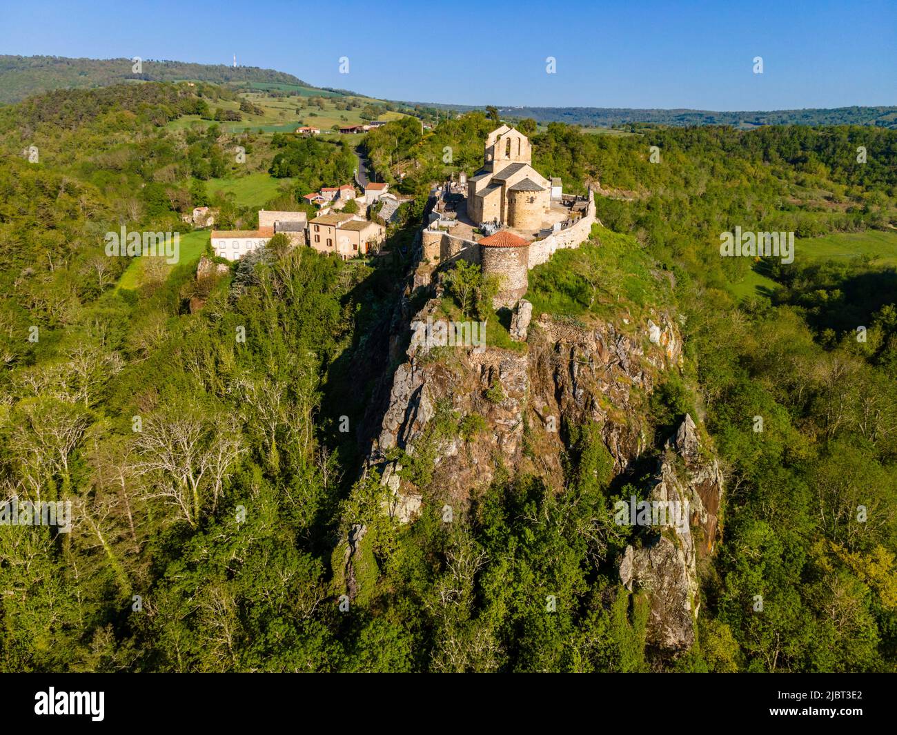France, Puy de Dome, romanesque church of Saint Herent, Lembronnais, near Issoire (aerial view) Stock Photo