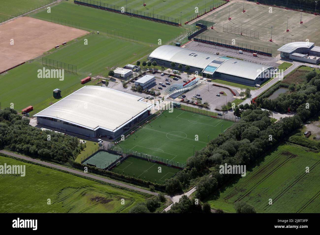 aerial view of the Aon Training Complex, Manchester United's Carrington training ground, west of Manchester Stock Photo