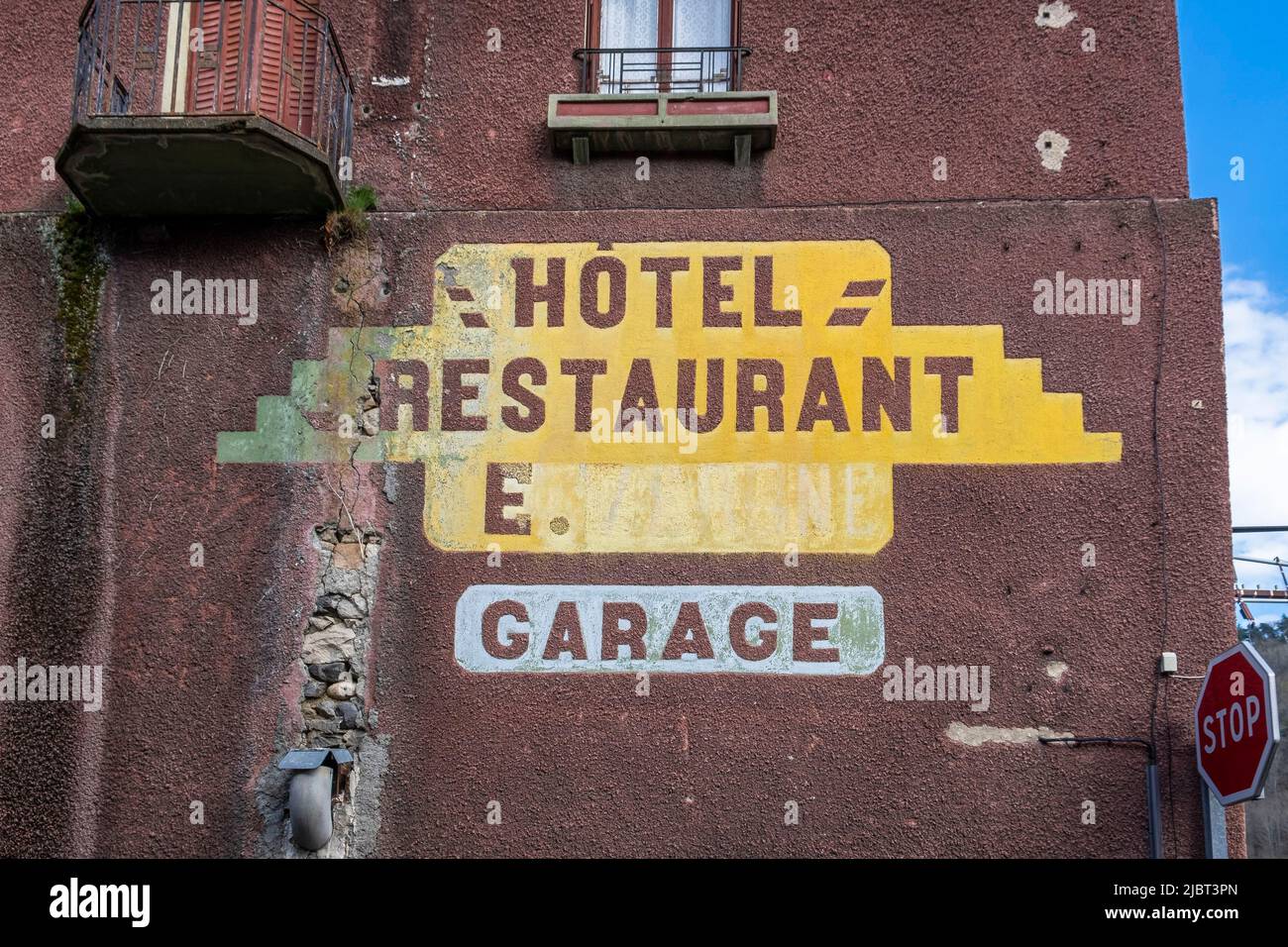 France, Cantal, Ferrieres Sainte Mary, facade of an old hotel Stock Photo