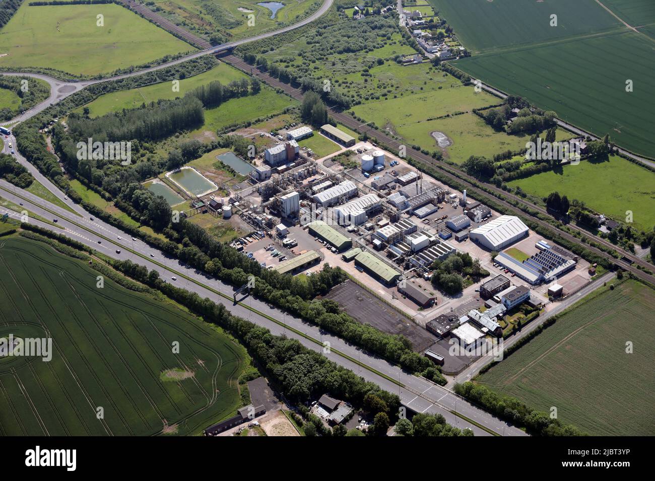 aerial view of Vertellus, a chemical manufacturer, at the South West of junction of the A562 Speke Road & the Knowsley Expressway, Widnes Stock Photo