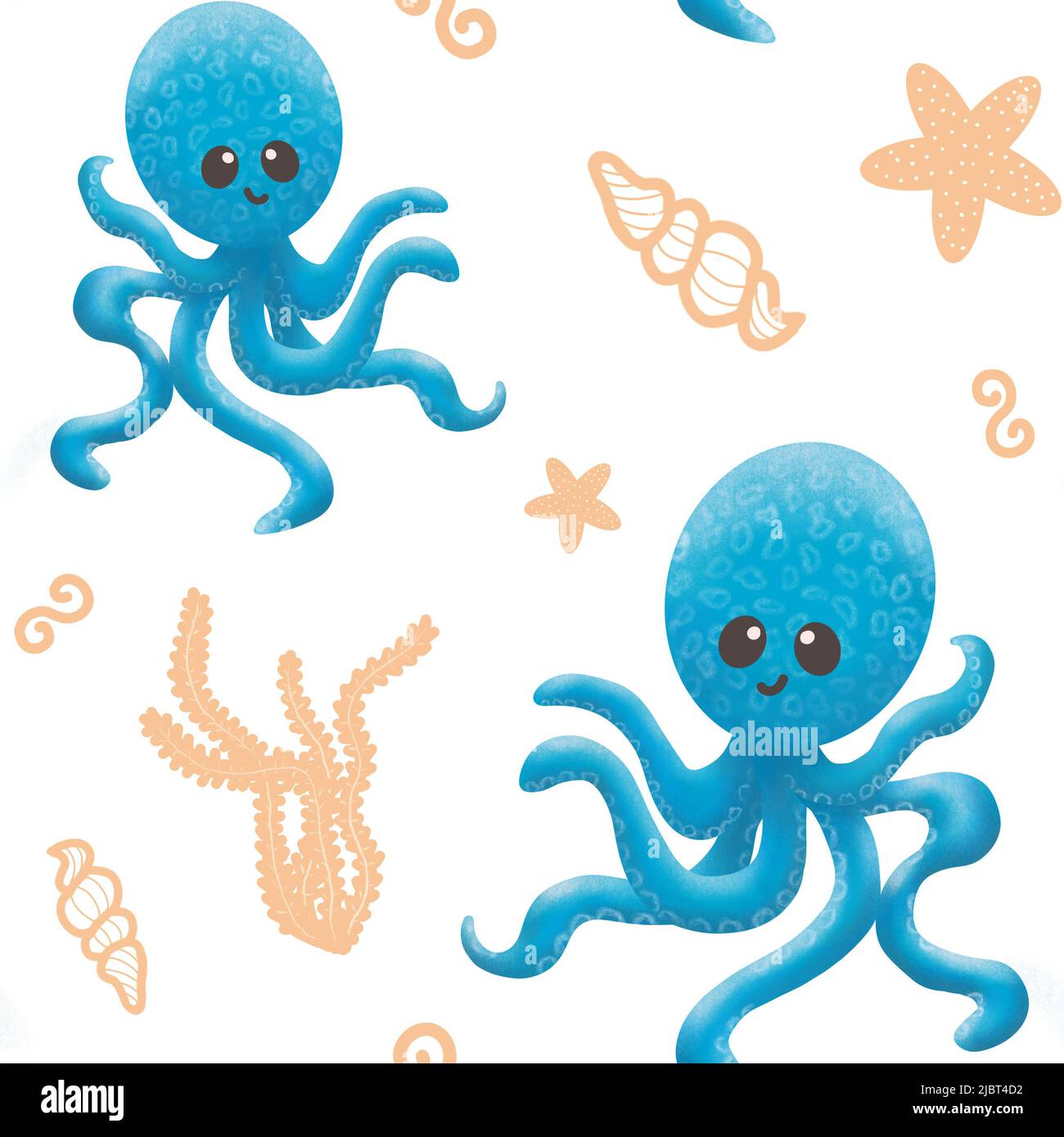 Seamless pattern with octopus and seashells. Graphic illustration ...
