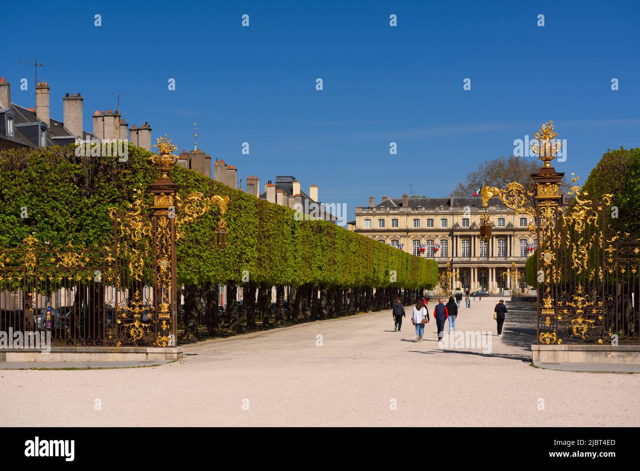 France, Meurthe et Moselle, Nancy, railings by Jean Lamour and facade of former Palais du Gouvernement by architect Here along Place de la Carriere (Carriere square) next to Stanislas square (former royal square) built by Stanislas Leszczynski, King of Poland and last Duke of Lorraine in the 18th century, listed as World Heritage by UNESCO, railings and ironworks by Jean Lamour Stock Photo
