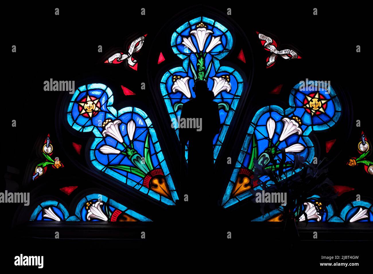 France, Somme, Saint Valery sur Somme, Place Saint Martin, Saint Martin church, stained glass Stock Photo