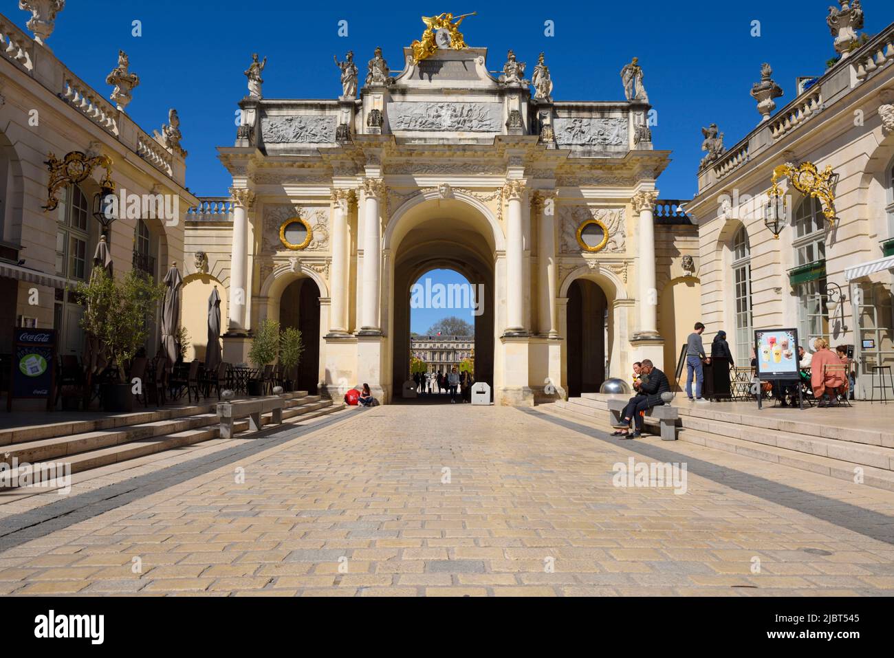France, Meurthe and Moselle, Nancy, place Stanislas (former Place Royale) built by Stanislas Leszczynski, king of Poland and last duke of Lorraine in the eighteenth century, classified World Heritage of UNESCO, Arc Here drawn by Emmanuel Héré Stock Photo