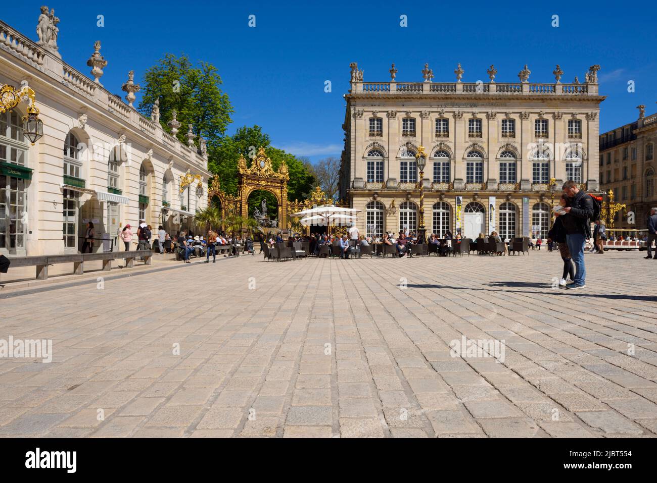 France, Meurthe and Moselle, Nancy, place Stanislas (former Place Royale) built by Stanislas Leszczynski, king of Poland and last duke of Lorraine in the eighteenth century, classified World Heritage of UNESCO, Amphitrite fountain designed by Guibal and gold racks of Jean Lamour Stock Photo